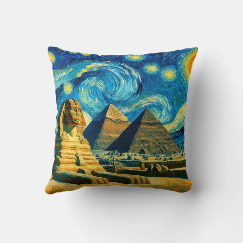 Starry Night Pyramids Sphinx Egypt Throw Pillow