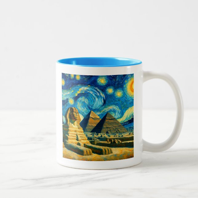 Starry Night Pyramids Sphinx Egypt Two-Tone Coffee Mug (Right)