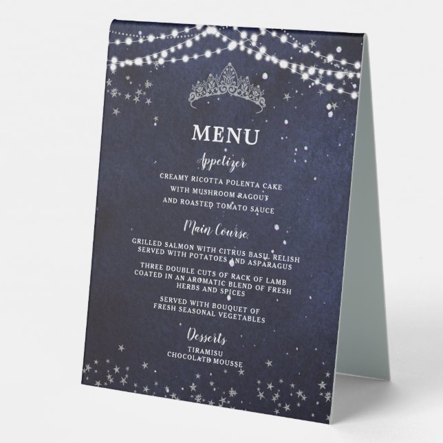 Starry Night Quinceanera Bar Drink and Food Menu Table Tent (Back)