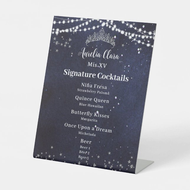 Starry Night Quinceanera Sweet 16 Bar Drink Menu Pedestal Sign (Front)