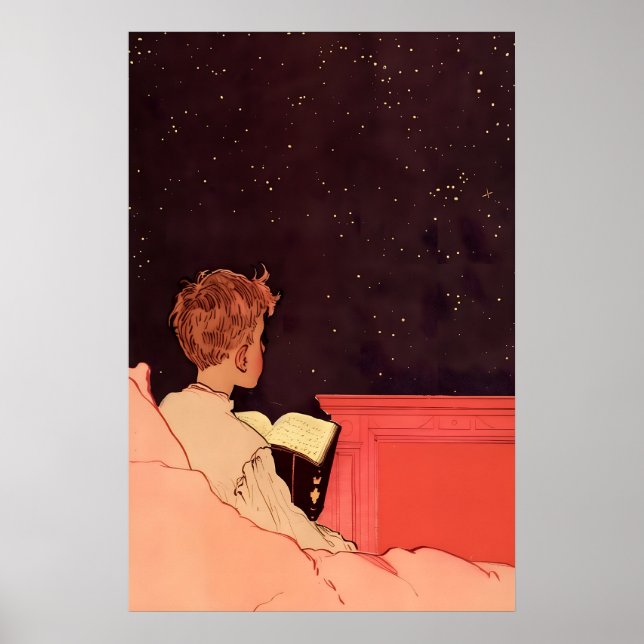 Starry Night Reading Art Print Vintage Children's (Front)