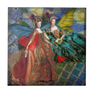 Starry Night Rococo Maidens Butterfly Wings Art Ceramic Tile