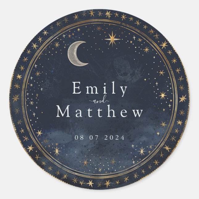 Starry Night Romance Wedding Classic Round Sticker (Front)