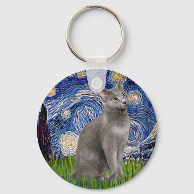 Starry Night - Russian Blue cat Keychain (Front)