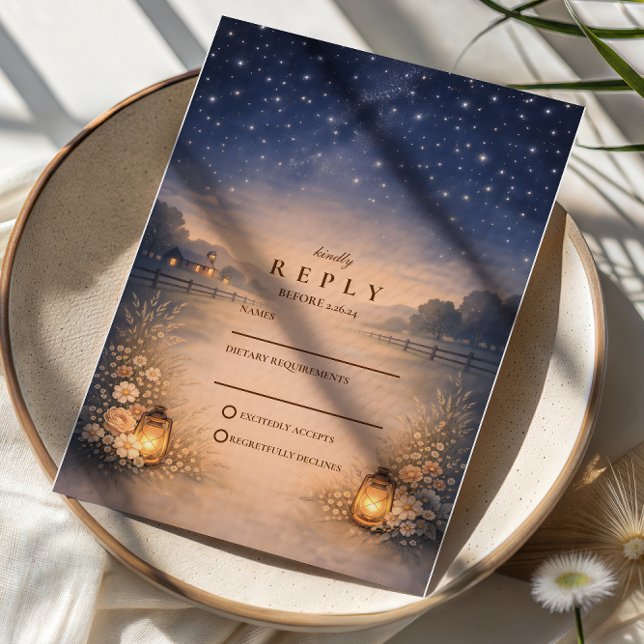 Starry Night Rustic Meadow Wedding RSVP Card (Creator Uploaded)