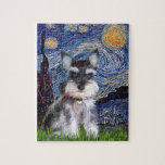 Starry Night - Schnauzer Puppy #10 Jigsaw Puzzle<br><div class="desc">Starry Night by Vincent Van Gogh,  one of the most loved masterpieces in the world,  has been adapted here to include a Schnauzer puppy with a red collar and gold heart tag.</div>