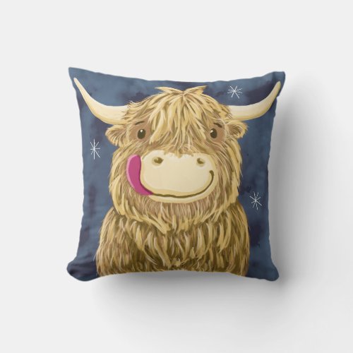 Starry Night Scottish Highland Cow Throw Pillow