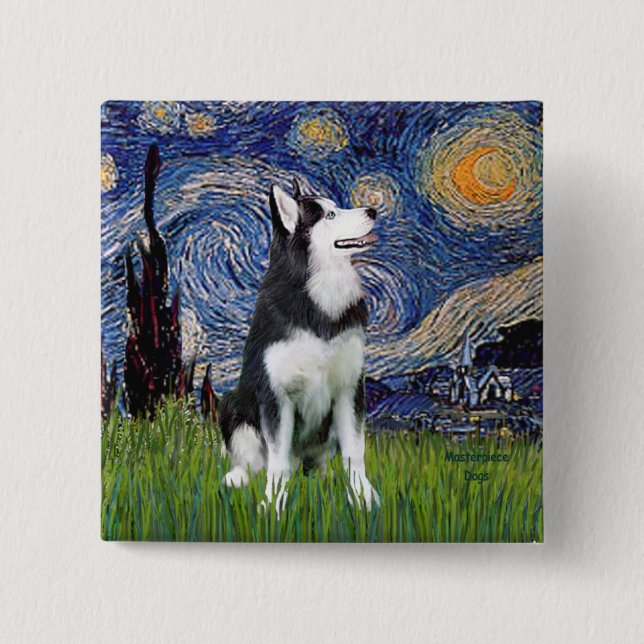 Starry Night - Siberian Husky #1 Pinback Button (Front)