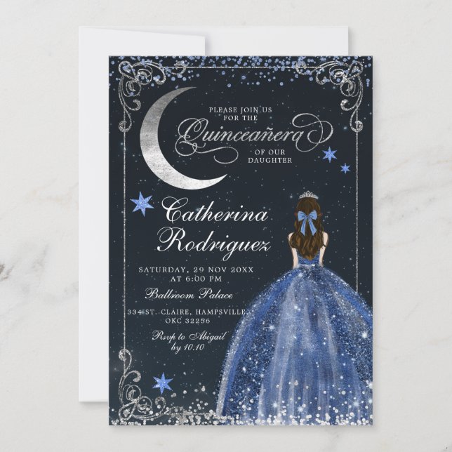Starry Night Silver and Dark Blue Quinceanera Invitation (Front)