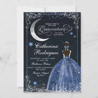 Starry Night Silver and Dark Blue Quinceanera Invitation
