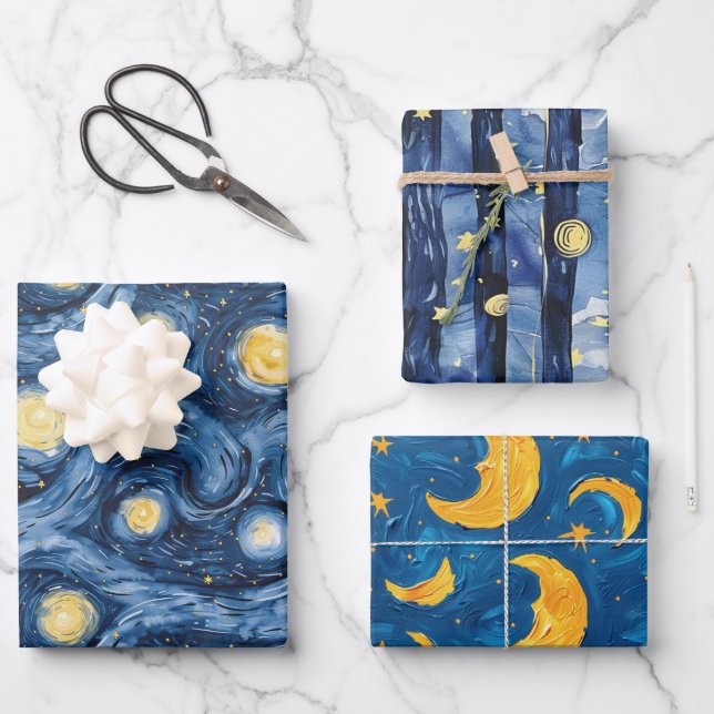 Starry Night Skies Moons Stripes Wrapping Paper Sheets (Front)