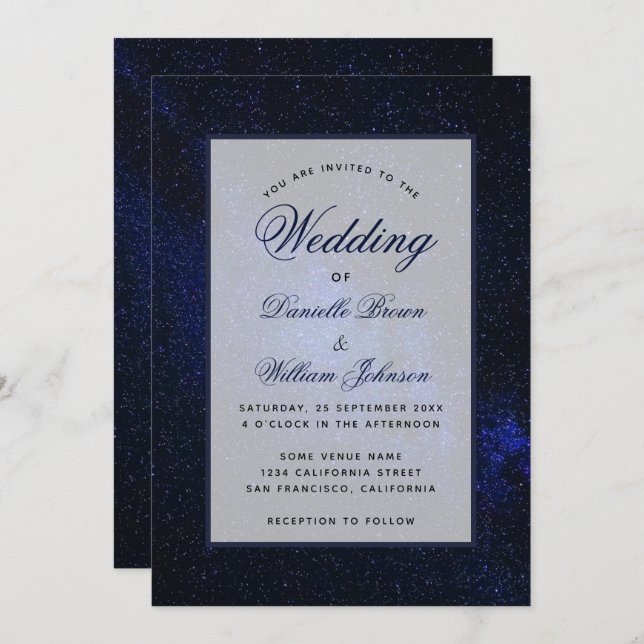 Starry Night Sky Celestial Elegant Script Wedding  Invitation (Front/Back)