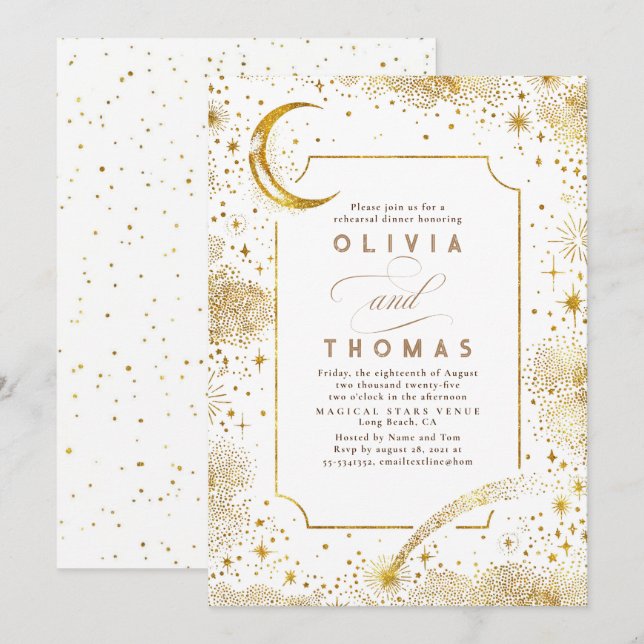 Starry Night Sky Crescent Moon Rehearsal Dinner Invitation (Front/Back)