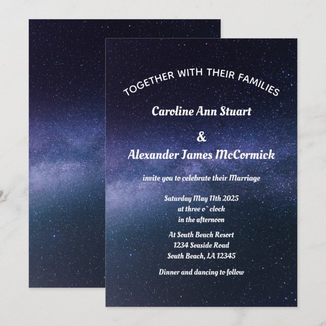 Starry Night Sky Galaxy Stars Modern Wedding Invitation (Front/Back)