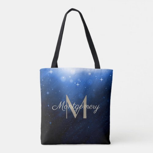 Starry Night Sky Gold Vine Flowers MonogramName Tote Bag