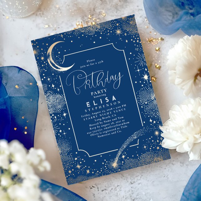 Starry Night Sky Moon Mystical Celestial Birthday Invitation (Celestial Navy Blue and Gold Birthday Invitations)