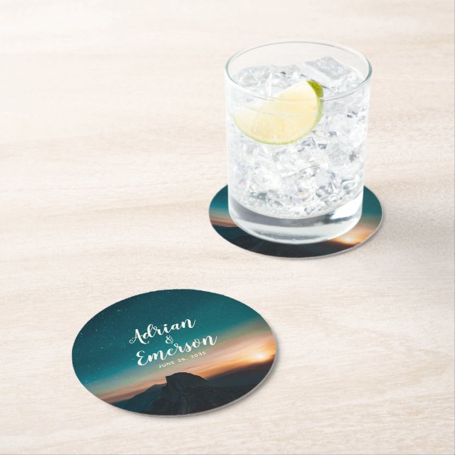 Starry Night Sky Mountain & Sunset Wedding Modern Round Paper Coaster (Insitu)