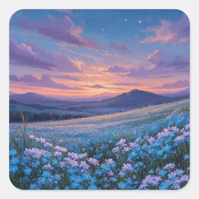Starry Night Sky Over Blue Wildflower Meadow Square Sticker | Zazzle