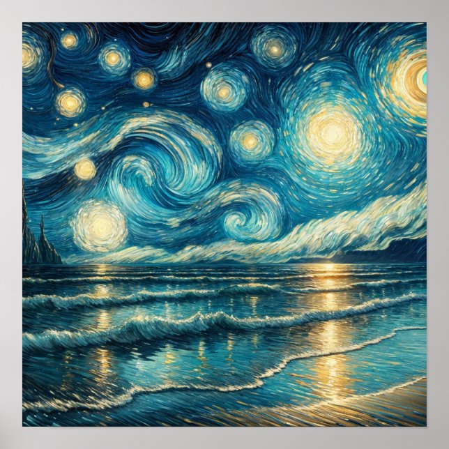 Starry Night Sky Over Calm Ocean Poster (Front)