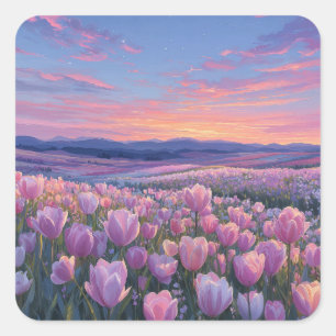 Starry Night Sky Over Pink Tulip Meadow Square Sticker