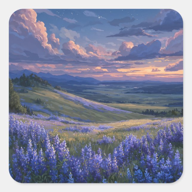 Starry Night Sky Over Purple Lavender Field Square Sticker (Front)