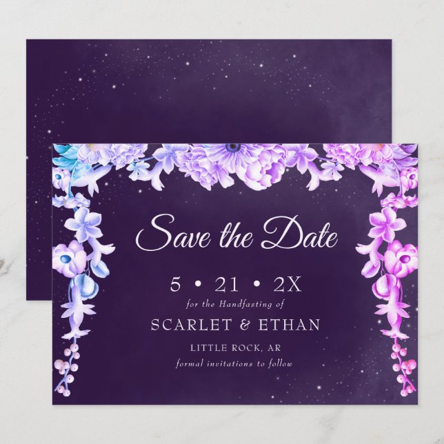 Starry Night Sky Purple Floral Handfasting Save The Date (Front/Back)