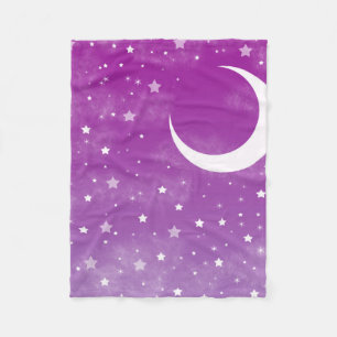 Starry Night Sky Purple Moon and Stars Fleece Blanket