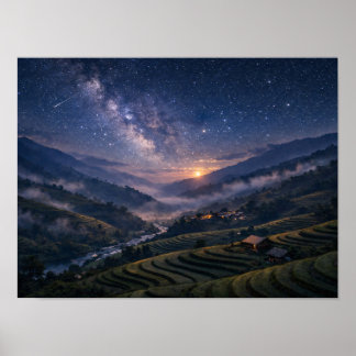 Starry Night Sky Rice Terraces Valley Landscape Poster