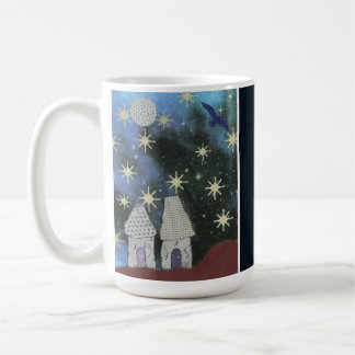 Starry Night Sky with Tiny Houses and Full Moon Coffee Mug