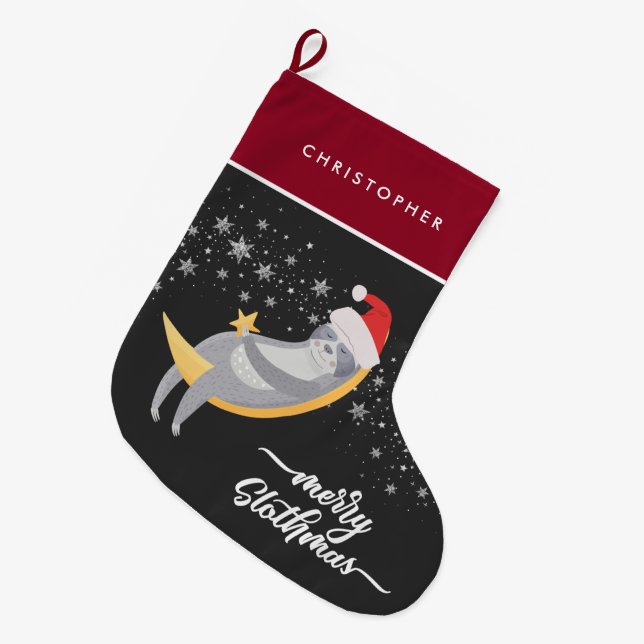 Starry Night Sloth Moon Personalized Holiday Large Christmas Stocking (Front (Hanging))