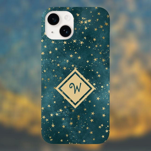 Starry Night Space Design with Gold Monogram Iphone Case (Creator Uploaded)