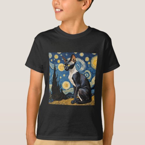 Starry Night Sphynx Cat Van Gogh Art Painting Kids T_Shirt