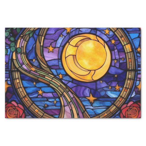 Starry Night Stained Glass Decoupage Paper _ Moon 