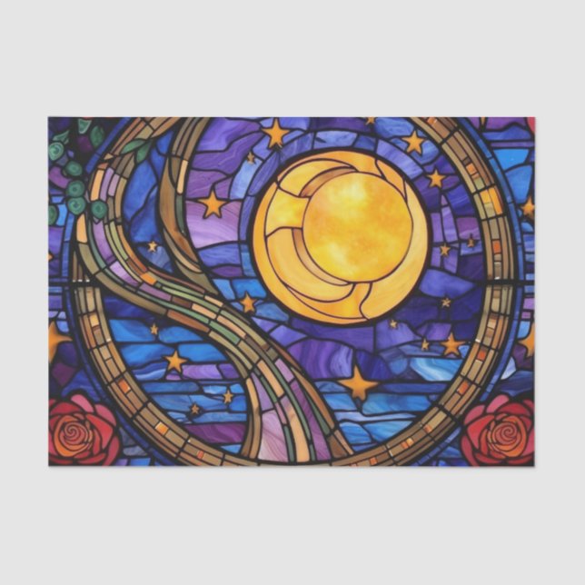 Starry Night Stained Glass Decoupage Paper - Moon  (Front)