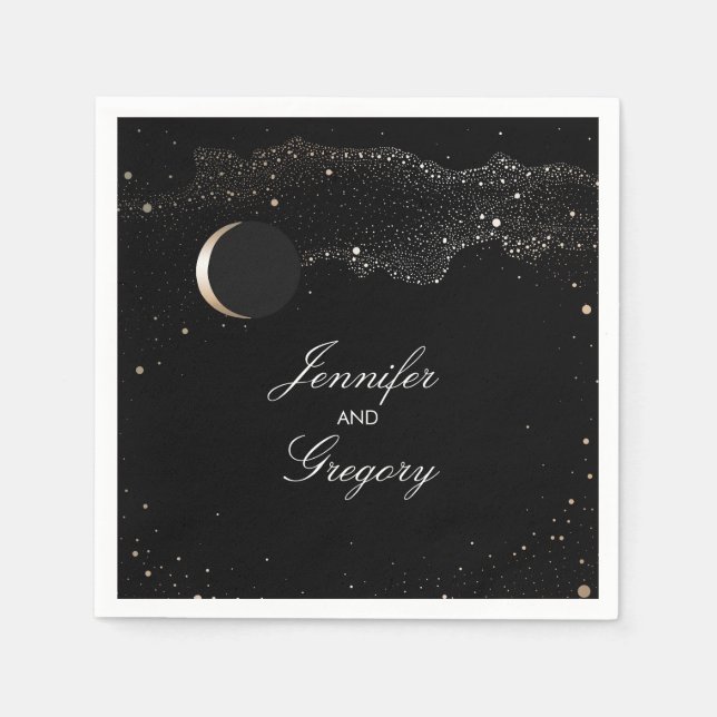 Starry Night Stars Black and Gold Wedding Paper Napkins (Front)