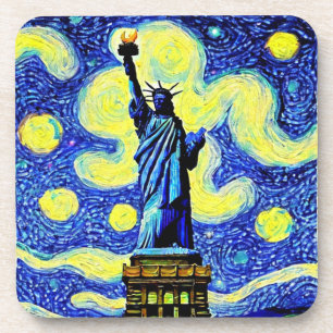 Starry Night Statue Of Liberty New York Beverage Coaster