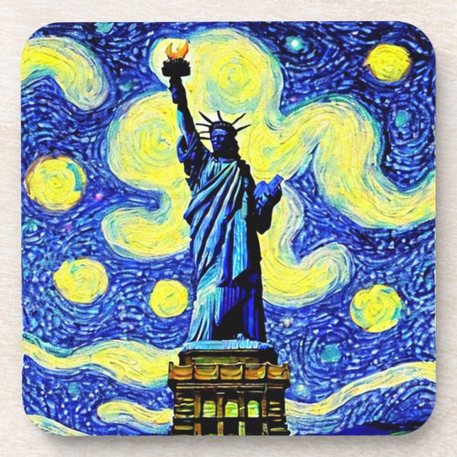 Starry Night Statue Of Liberty New York Beverage Coaster (Front)