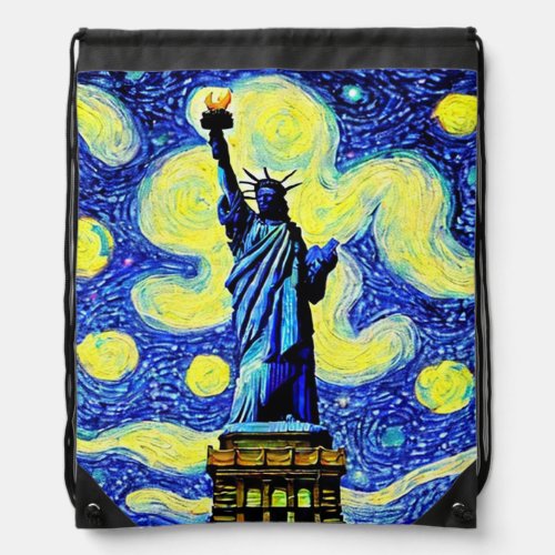 Starry Night Statue Of Liberty New York Drawstring Bag
