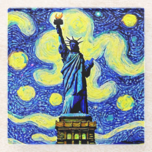 Starry Night Statue Of Liberty New York Glass Coaster