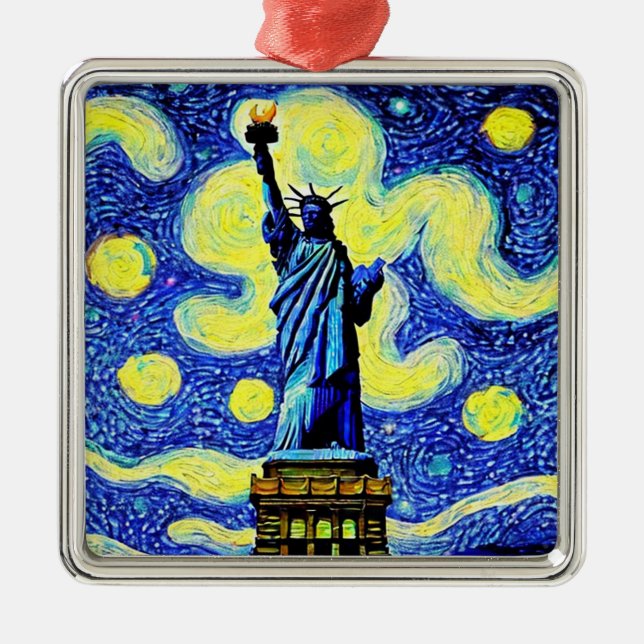 Starry Night Statue Of Liberty New York Metal Ornament (Front)