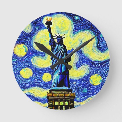 Starry Night Statue Of Liberty New York Round Clock