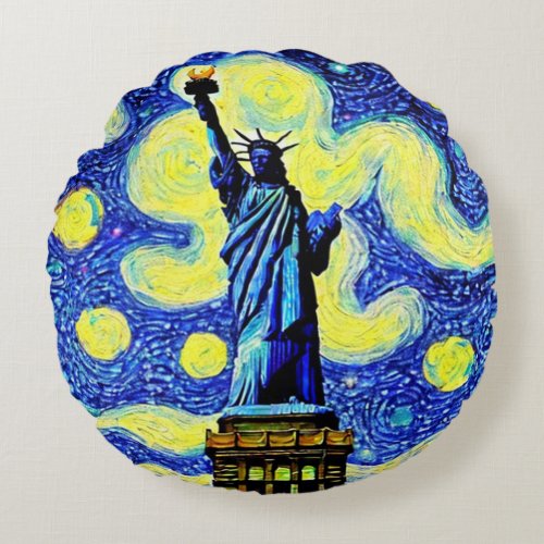 Starry Night Statue Of Liberty New York Round Pillow