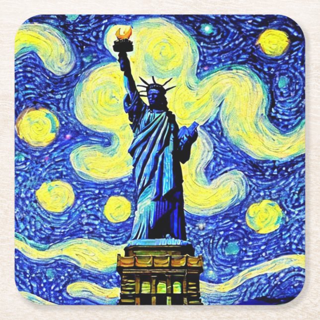 Starry Night Statue Of Liberty New York Square Paper Coaster (Front)