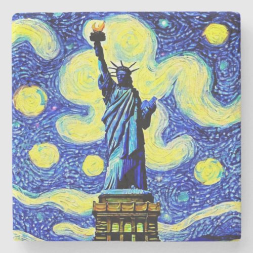 Starry Night Statue Of Liberty New York Stone Coaster