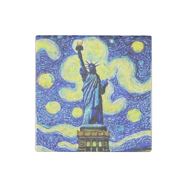 Starry Night Statue Of Liberty New York Stone Magnet (Front)