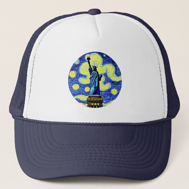 Starry Night Statue Of Liberty New York Trucker Hat (Front)