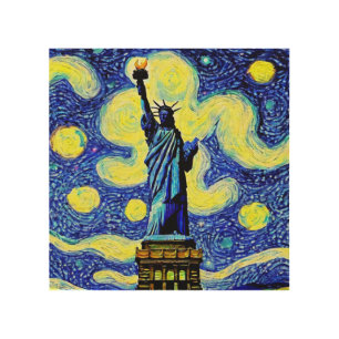 Starry Night Statue Of Liberty New York Wood Wall Art