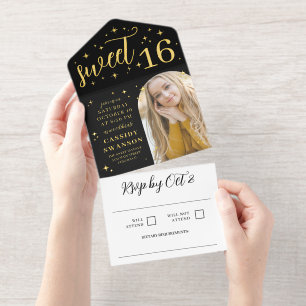 Starry Night Sweet 16 Black & Gold All In One Invitation