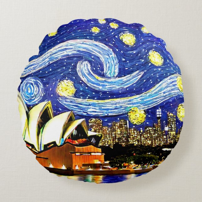 Starry Night Sydney Australia Opera House Round Pillow (Front)