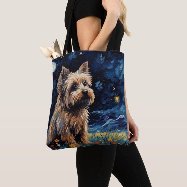 STARRY NIGHT THEMED CAIRN TERRIER DOG TOTE BAG (Close Up)
